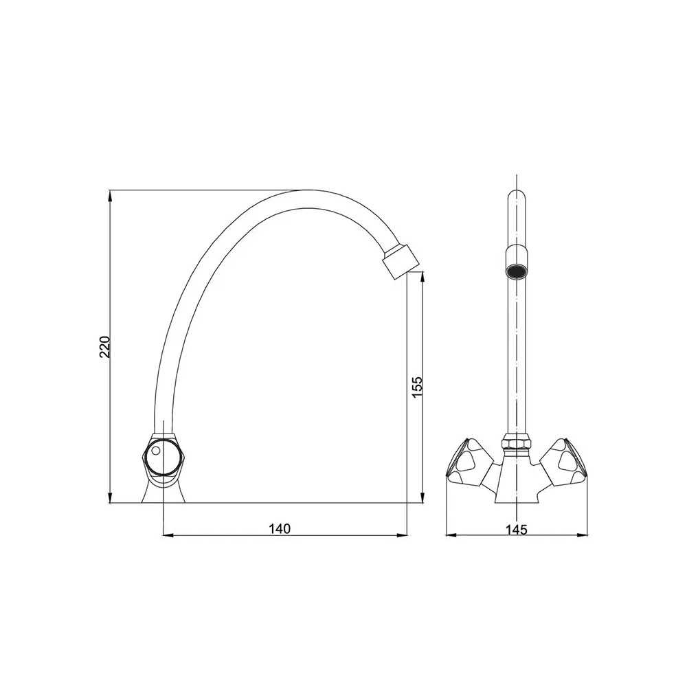 bateria kuchenna Hydroland B105 Standard z obrotową wylewką typu J - wymiary
