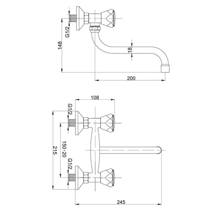 bateria kuchenna ścienna Hydroland B104 Standard z obrotową wylewką - wymiary