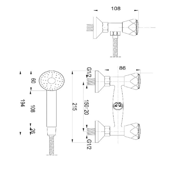 bateria prysznicowa ścienna Hydroland B107 Standard ze słuchawką i wężem 150 cm - wymiary