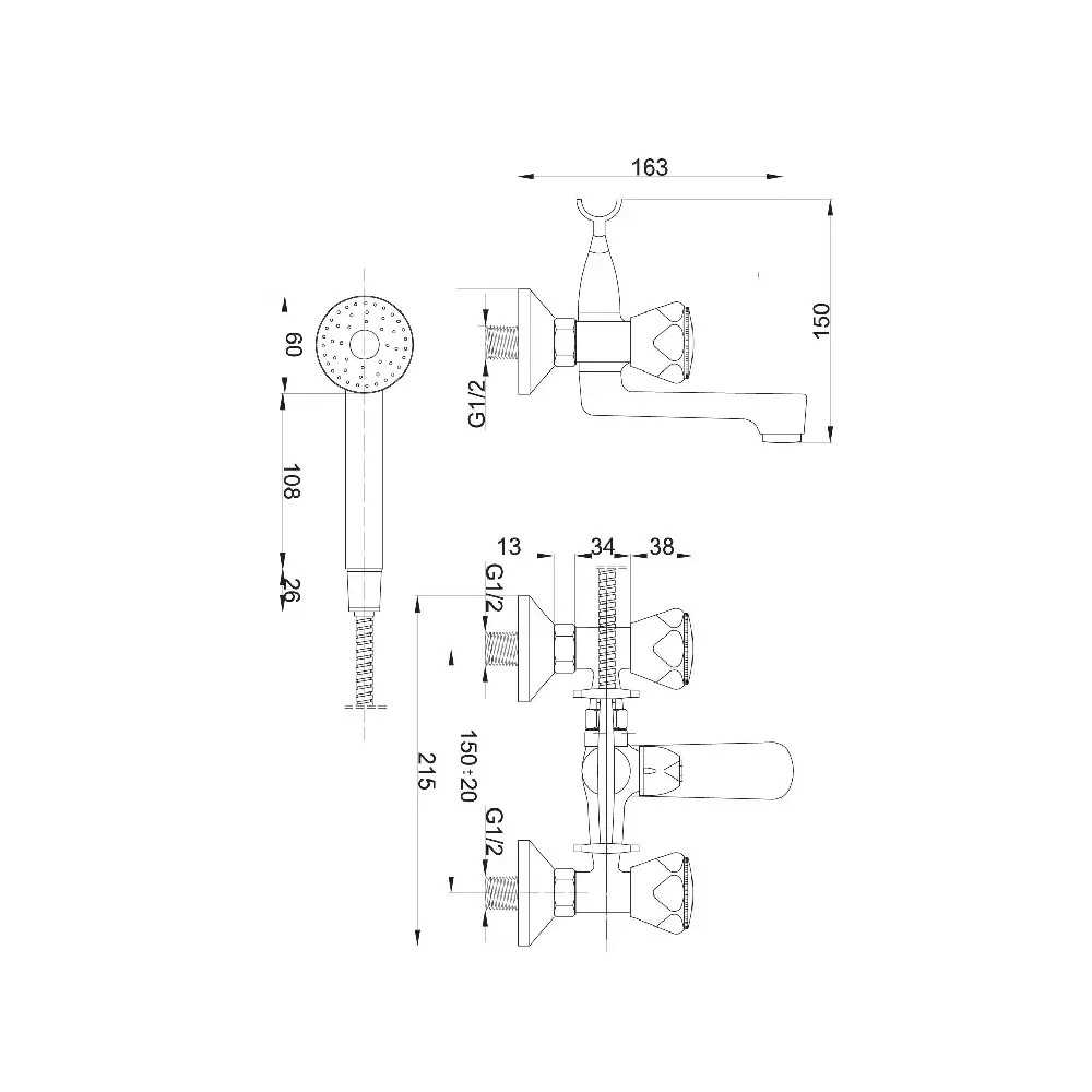 bateria wannowa ścienna Hydroland B101 Standard z przełącznikiem wanna-prysznic i wężem 150 cm - wymiary