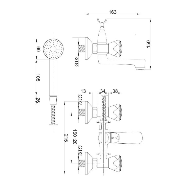 bateria wannowa ścienna Hydroland B101 Standard z przełącznikiem wanna-prysznic i wężem 150 cm - wymiary