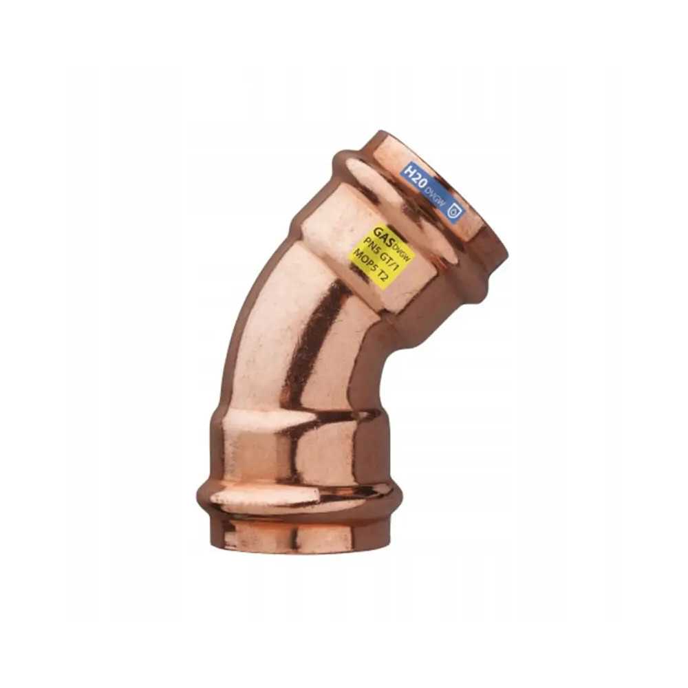 Kolanko miedziane 22 mm 45 st. zaprasowywane do gazu i wody