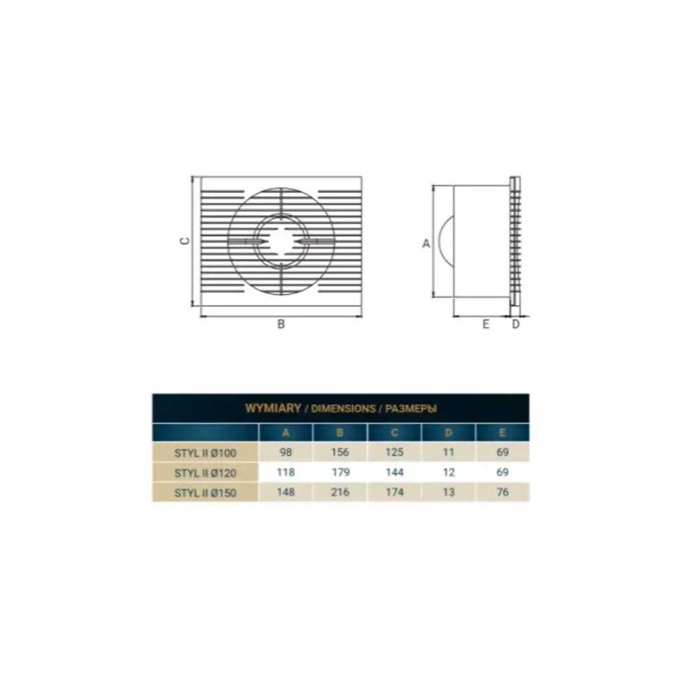 Wymiary wentylatora STYL II Ø100 WC DOSPEL – schemat techniczny Ø100 mm