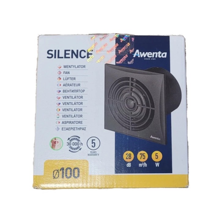 Opakowanie czarnego wentylatora łazienkowego Silence firmy Awenta