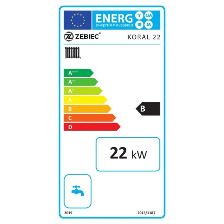 Etykieta energetyczna kotła na ekogroszek koral 22 kW marki Zębiec