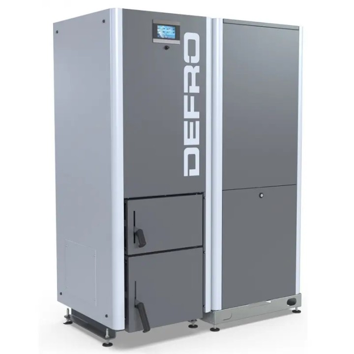 Kocioł na pellet Defro 20 kW GAMMA widok z przodu z zasobnikiem