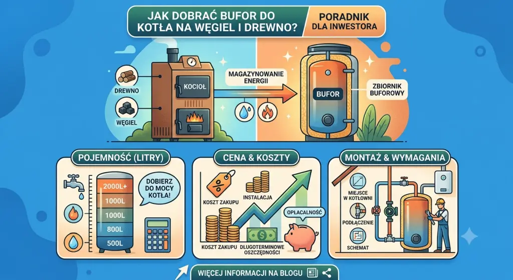 Schemat instalacji kotła na drewno z buforem ciepła i zaworem mieszającym